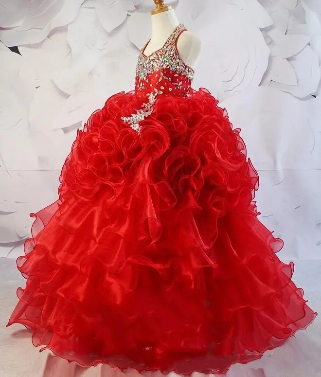 2017 Принцесса Оборками Многоуровневое Розовый Девушки Pageant Платья Бальное платье