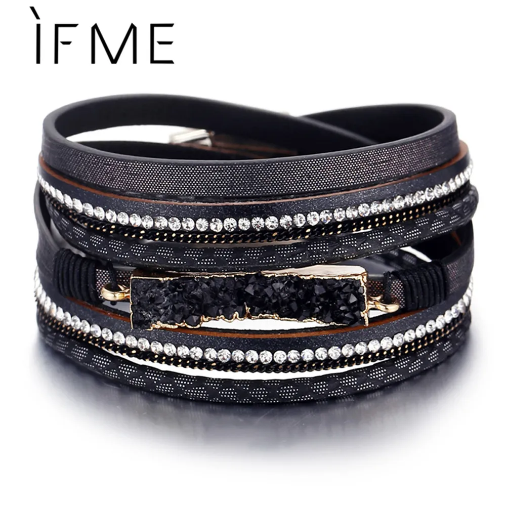Женский винтажный браслет IF ME кожаный с кристаллами и черным баром эффектные