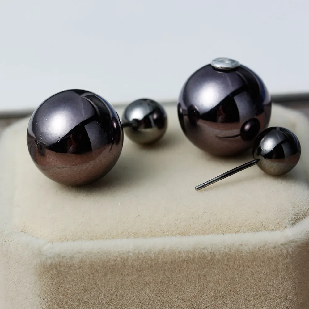 DoreenBeads модные круглые акриловые серьги гвоздики ушной столб Двойной Искусственный жемчуг черный для женщин ювелирные изделия 8 мм 16 мм 1 пара
