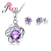 luxury classic 925 sterling silver rose flower necklace purple cubic zirconia stud earrings bride wedding jewelry sets