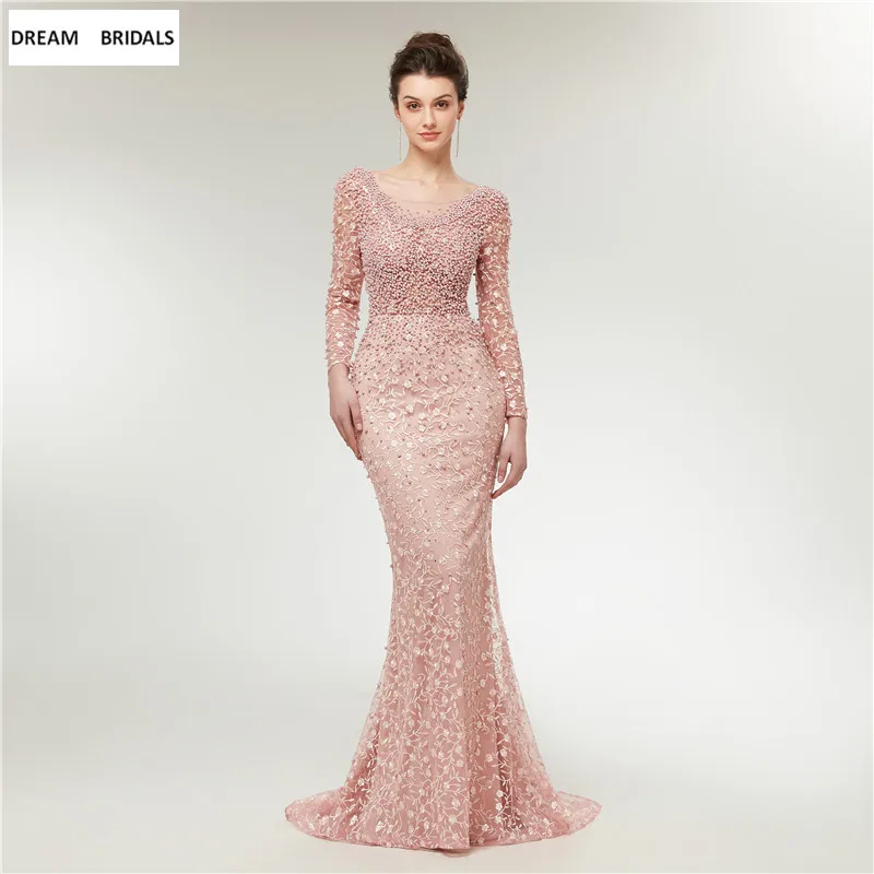 

Luxury Evening Dresses 2019 Robe de Soiree Mermaid Long Sleeves Pearls Lace Embroidery Women Formal Party Gowns Prom Dresses