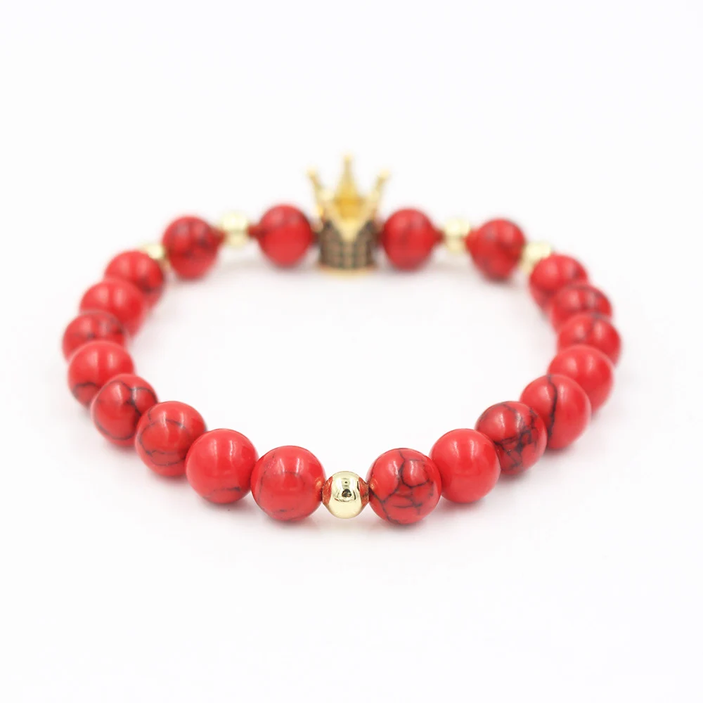 Новая мода Красный Howlite камень бусы проложить CZ императорская корона браслет для
