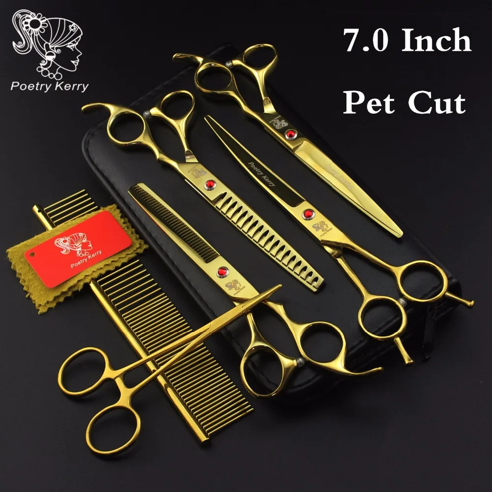 

Pet grooming scissors tools set Teddy professional hair trimming 7 inch dog hair curved teeth scissors straight gold 440c JAPAN