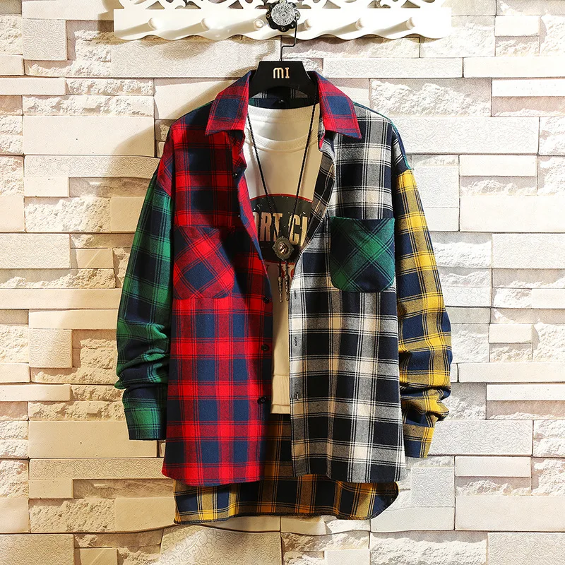 2019 Personality Korean Version of The Trend Color Matching Slim Fit Plaid Shirt Men Casual Hip Hop Loose Long-sleeved Shirts | Мужская