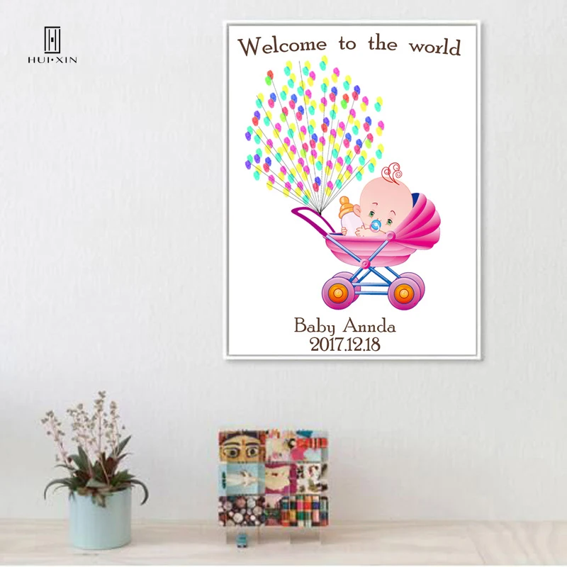 

DIY Fingerprint Souvenir Guest Book Wonderful Gift for Baby Shower Party Welcome to the World Baby in a Lovely Pink Balloon Pram