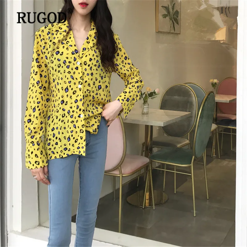 RUGOD/желтые блузки с леопардовым принтом элегантные рубашки отложным воротником