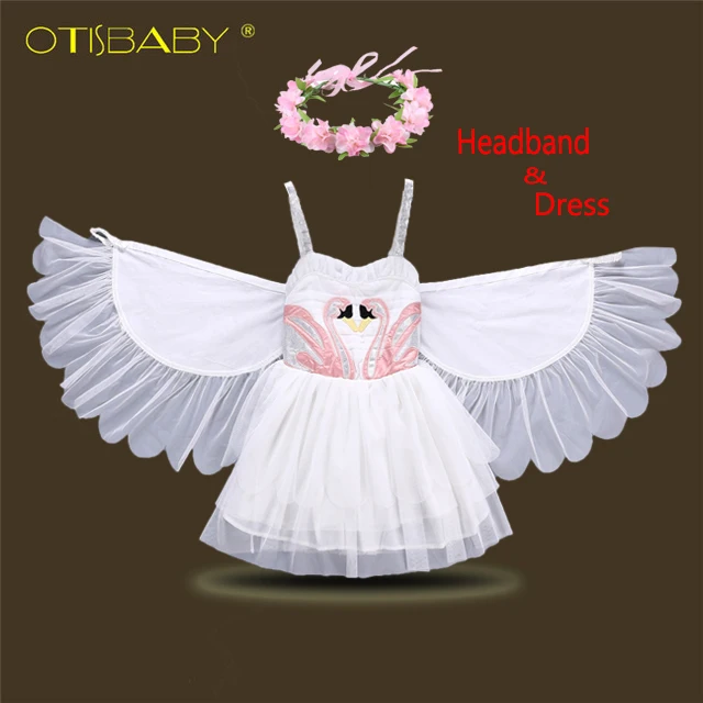 A Christmas Girls Swan Flamingo Wings Dress Children White Princess Dress for Wedding Kids Embroidered Tulle Ballet Tutu Dress - Color: A