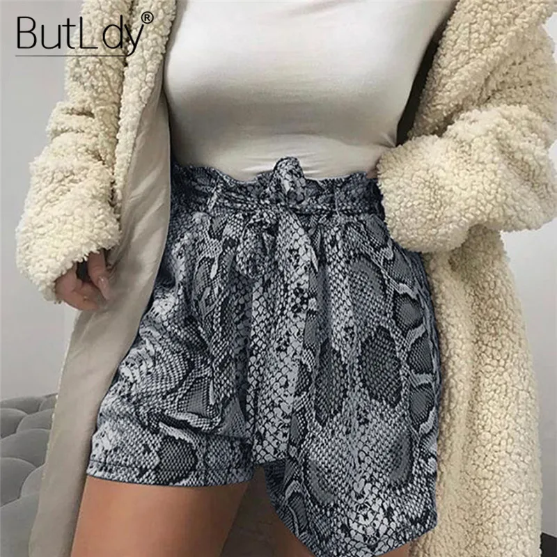 Женские шорты со змеиным принтом свободные повседневные на шнурке с высокой