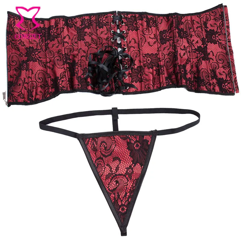 Красный атласный и черный цветочный кружевной корсет на молнии под грудью