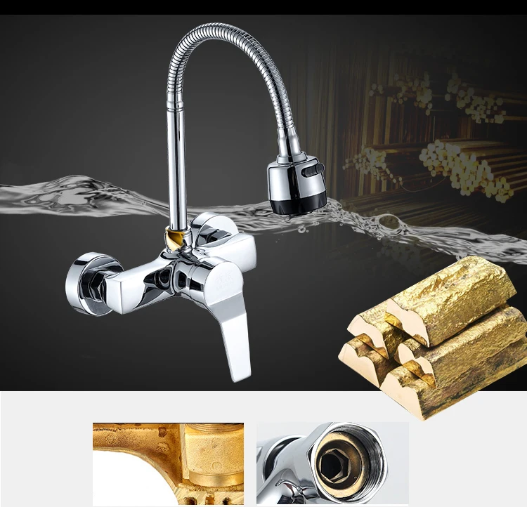 Поток спрей Bubbler Ванная комната Кухня кран настенный двойной отверстие горячей и холодной воды гибкая труба Смеситель для кухни