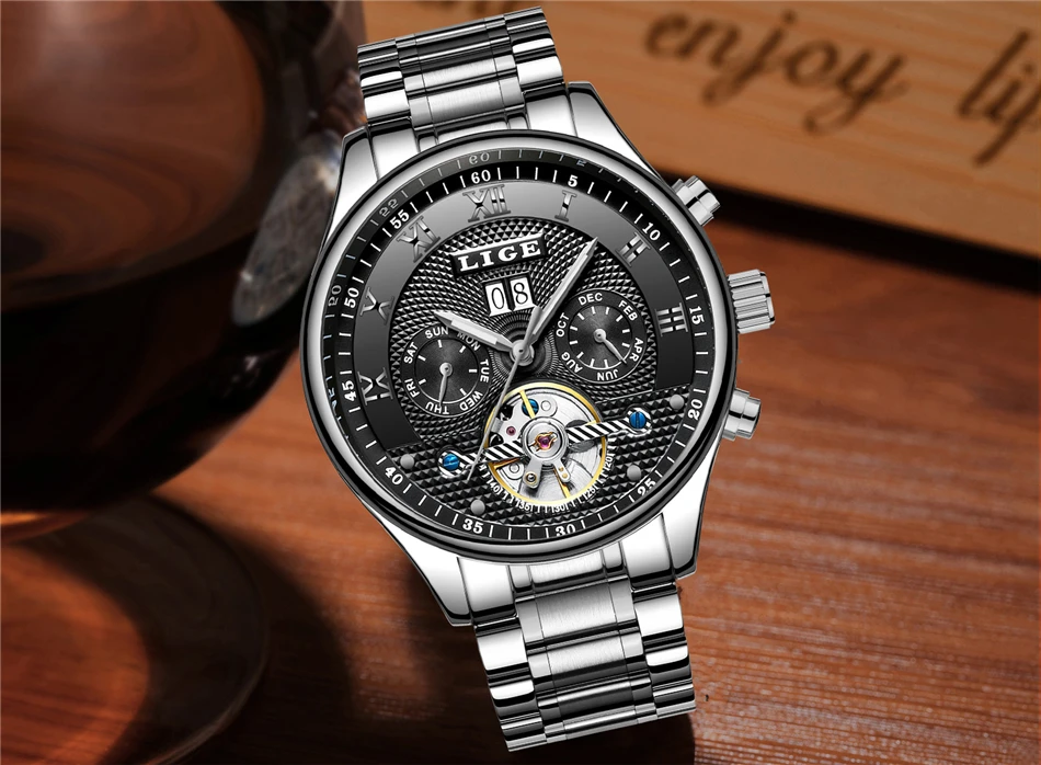 LIGE Fashion Sports Watch Men Business Leather Clock Mens Watches Top Brand Luxury Automatic Mechanical Watch Relogio Masculino