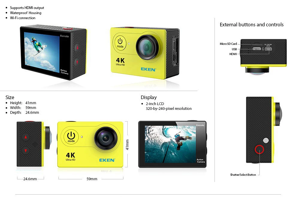 Экшн-камера EKEN H9/H9R Wi-Fi с дистанционным управлением Ultra HD 4K 1080P/60fps 30 м