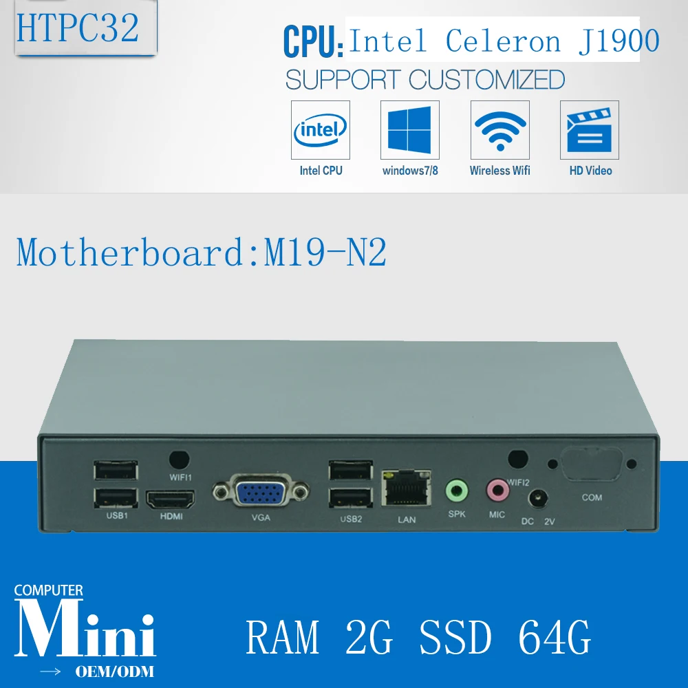 Intel Celeron mini pc j1900 gaming desktops Quad Core 2Ghz CPU, 6*USB2.0, WiFi, VGA,2g ram+64g ssd