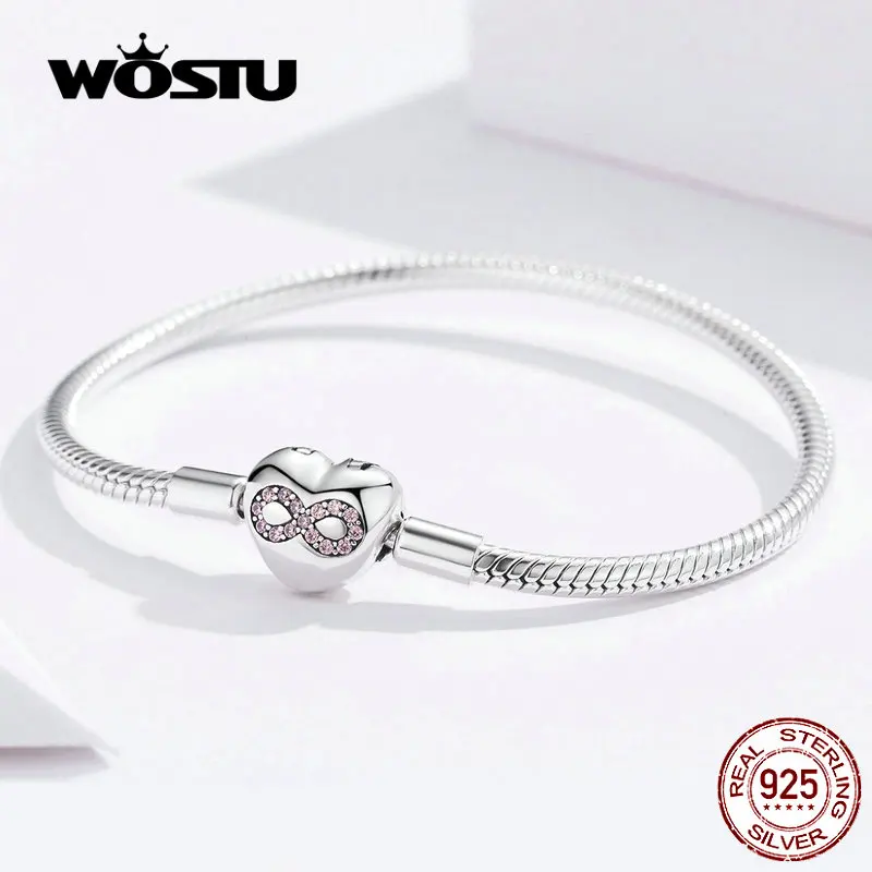 WOSTU Сердце Бесконечность любовь браслеты 925 пробы Серебряный Розовый Циркон Шарм браслеты браслет для женщин модное ювелирное изделие CQB142