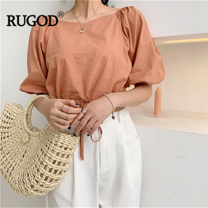 Женская блузка RUGOD с треугольным вырезом и рукавами-фонариками на шнурках 2019 |