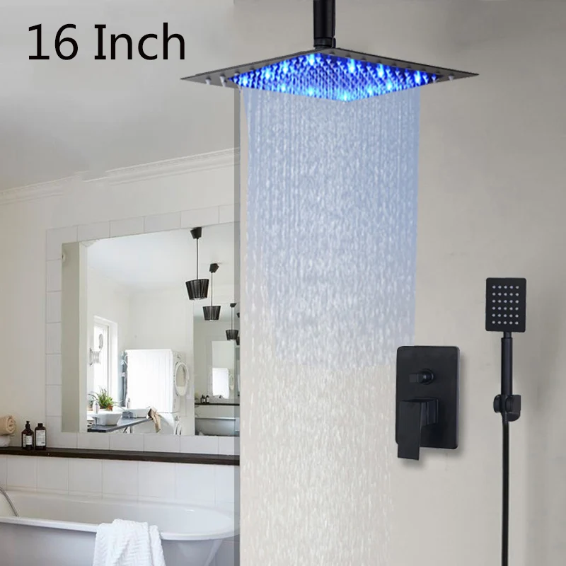 16 inch full set 03 KEMAIDI Ванная комната душевой кран Набор Черный Латунь 8/16 светодиодный смеситель холодной и горячей воды кран W/водопад 2-функцииосадки Насадки для душа - Цвет: 16 inch full set 03