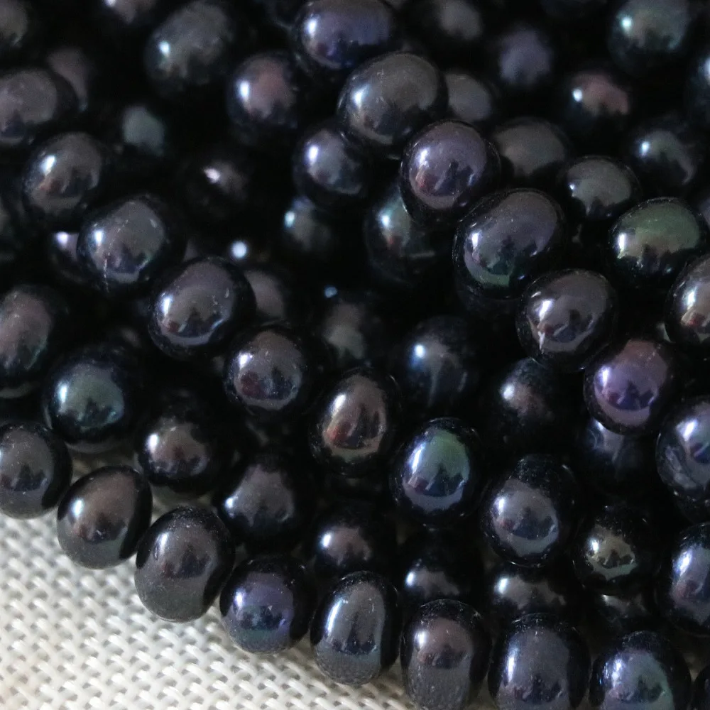 

Elegant nearround black natural freshwater cultured pearl loose beads 7-8mm making party wedding women fine jewelry 15inch B1334