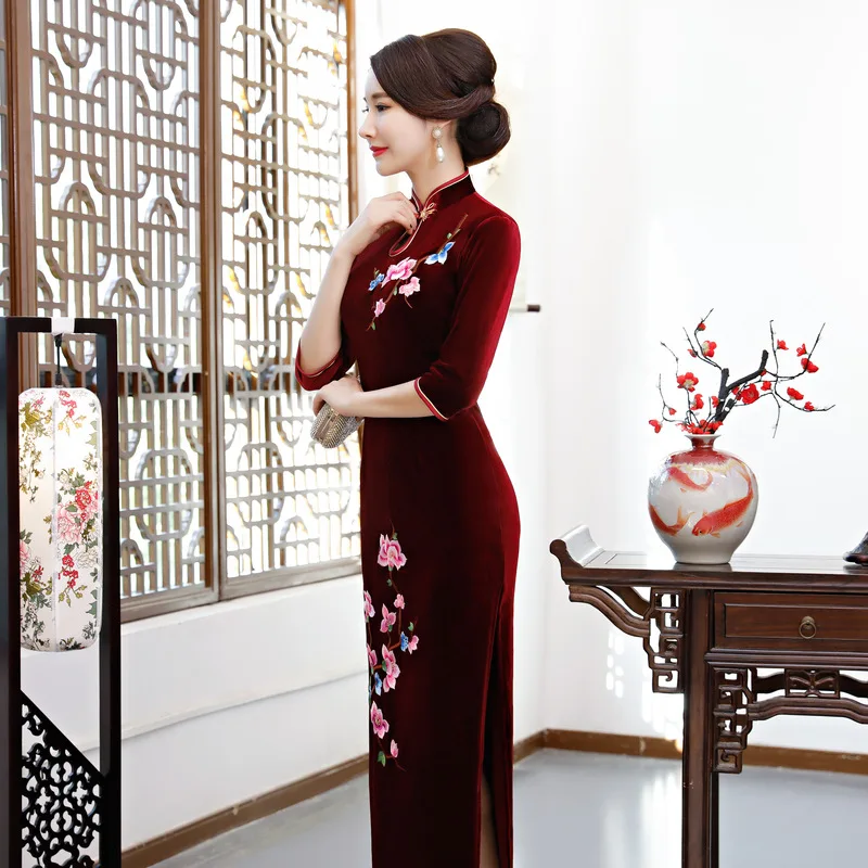 Бургундия Лилия вышивка китайский женский зимний/Auturm бархат cheongsam QiPao винтажное