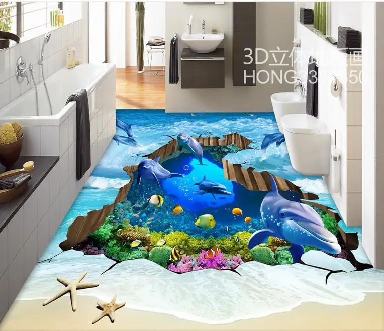 mural wallpaper 3d vinyl floor roll custom tiles Dolphins cracked underwater world flooring pvc water | Обустройство дома