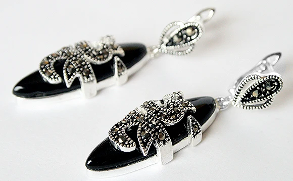 

11/2" New 925 Sterling Silver & Marcasite inlay Natural BlackNatural Stone fashion Earrings