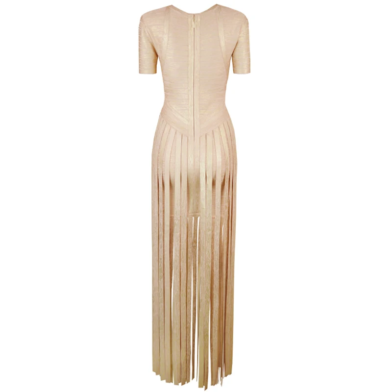 

wholesale 2019 New dress Gold Tassel Elasticity tight V-neck Fashion casual celebrity Cocktail party bandage dress (H2120)