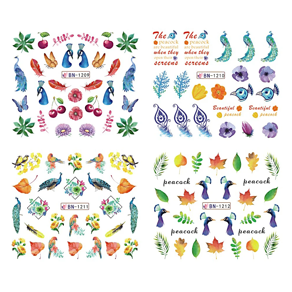 Наклейка для ногтей в виде павлина трафарет цветка перо водная наклейка сделай