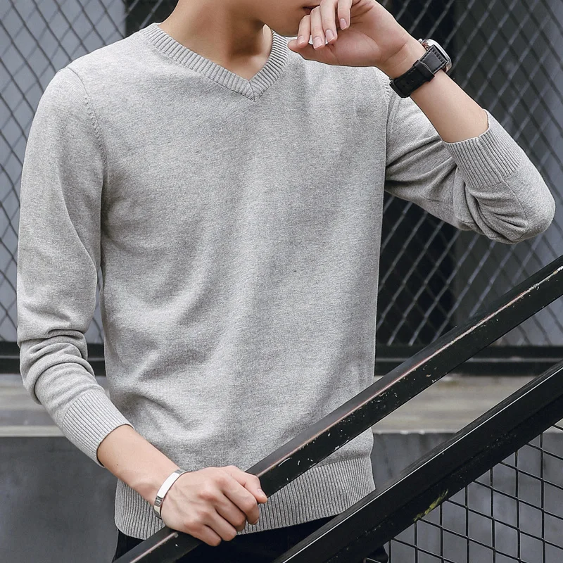 

New Sweater Men 2019 Hot Sale Autumn V-Neck Solid Quality Cotton Knitted Brand Clothing Male Sweaters Casual Pullovers Men M-3XL