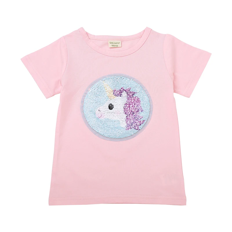 Unicorn A pink YOFEEL/Летняя детская футболка для мальчиков; двухсторонние футболки для маленьких девочек с рисунком супергероя и пайетками; детская футболка с единорогом; одежда из хлопка; футболки - Цвет: Unicorn A pink