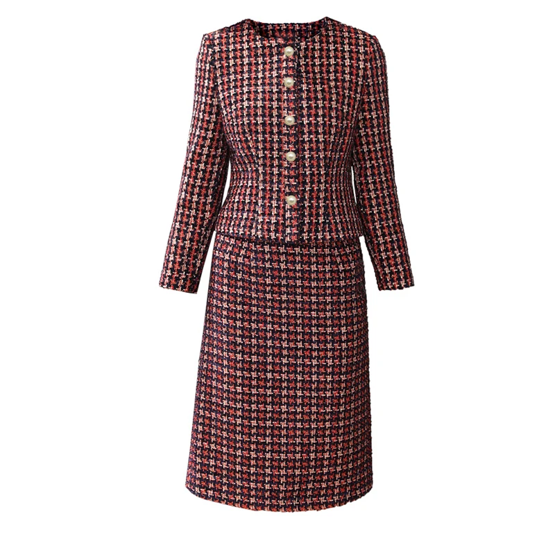 Женский красный твидовый пиджак и юбка модный костюм с разрезом из двух