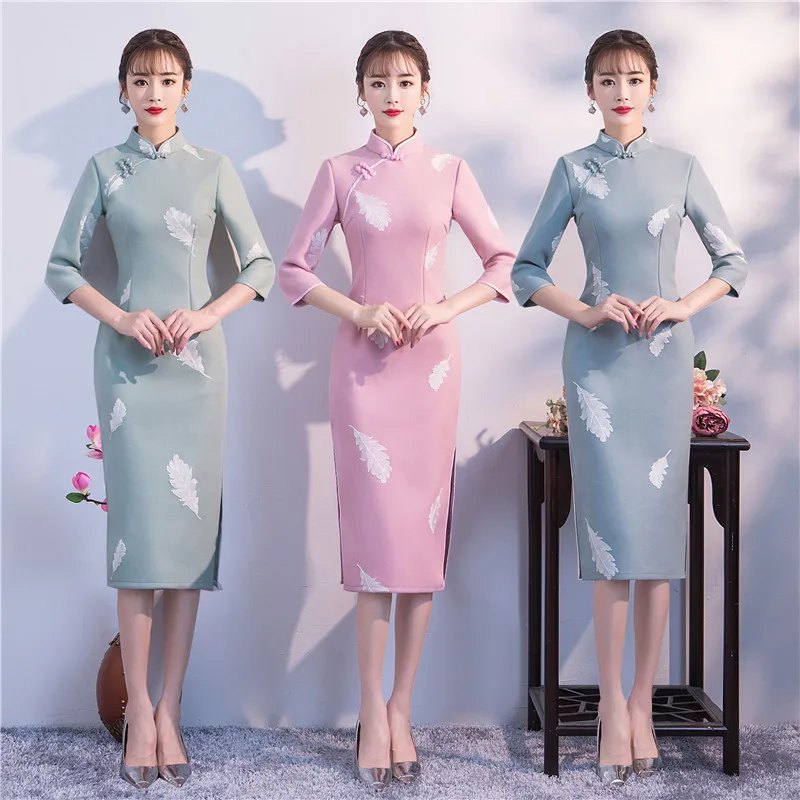 Элегантный Для женщин воротник-стойка Тонкий Cheongsam традиционно высокое Разделение тонкий Qipao Vestidos благородный офис платье в деловом стиле Размеры M-3XL