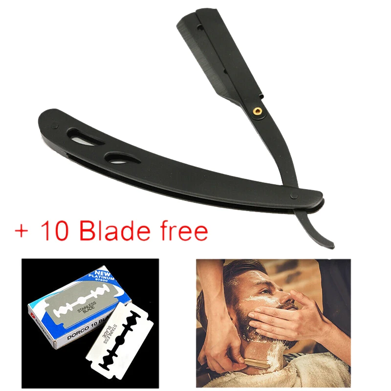 

Men Classic Barber Tool Straight Shaving Razor Antique Black Men's Folding Shaver W/ 10pcs Blades For Hair Removing