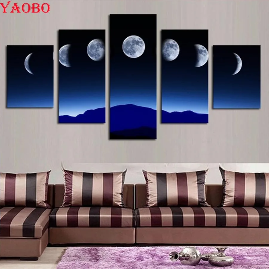 

5pcs Diamond Embroidery Moon landscape paintings Rhinestone 5D DIY Diamond Painting Cross Stitch Full Round Diamond Mosaic Decor