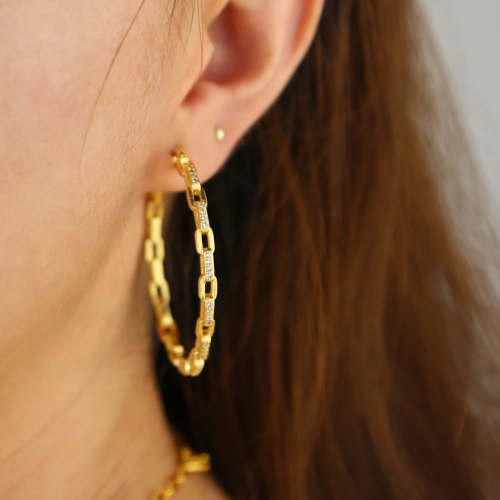 New arrived hiphop Rock Women jewelry iced out cz open link chain big hoop earring Gold silver