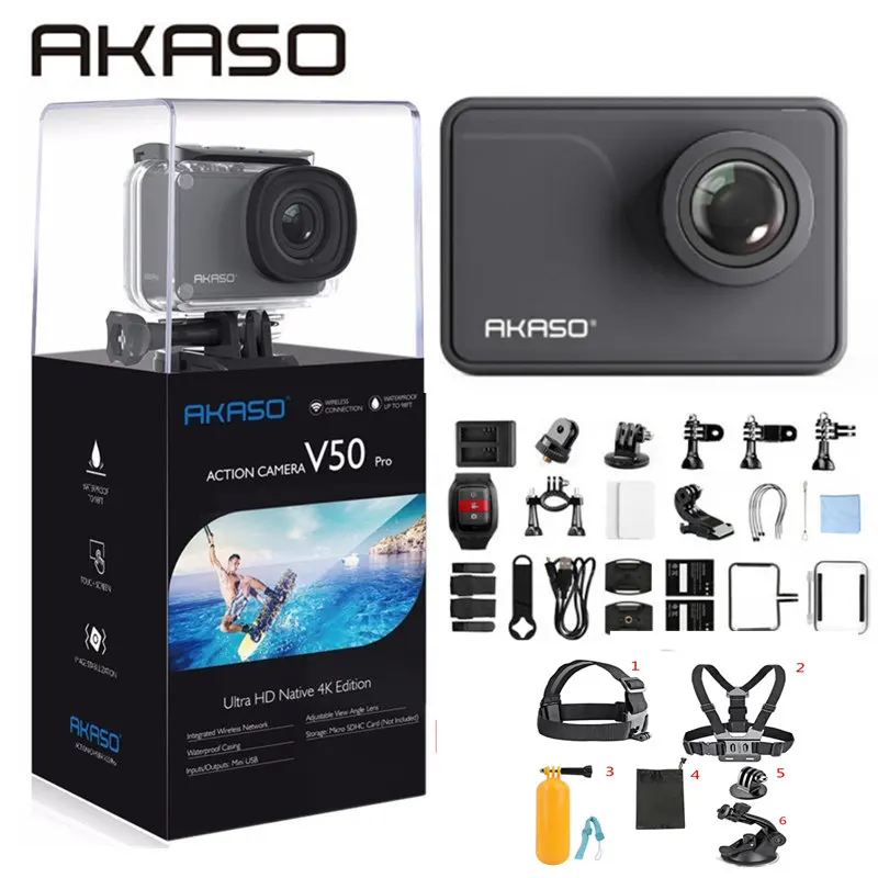 AKASO V50 Pro родная 4 K/30fps 20MP WiFi Экшн-камера EIS с сенсорным экраном 30m Водонепроницаемая Спортивная камера 4k с поддержкой внешнего Micro - Цвет: with 6 Accessories