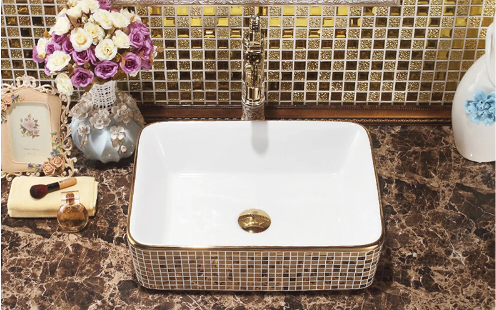 

Rectangular Bathroom Lavabo Ceramic Counter Top Wash Basin Cloakroom Mosaic Titanium Porcelain Vessel Sink JY003