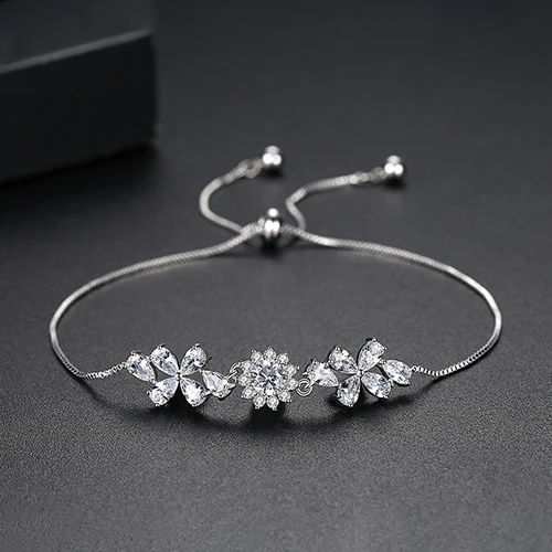 Rhodium LUOTEEMI, дизайн, регулируемые браслеты в виде цветов для женщин и девочек, для свадебной вечеринки, белый цветной, с кубическим цирконом, модное ювелирное изделие, подарок - Окраска металла: Rhodium