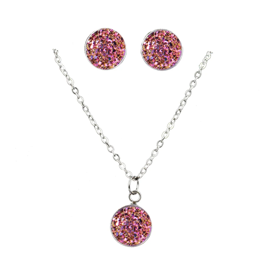 Три штуки модный Drusy круглый кулон ожерелье серьги антиаллергенные Bling Quatz Ювелирные наборы цепочка для вечеринки комплект с ушами