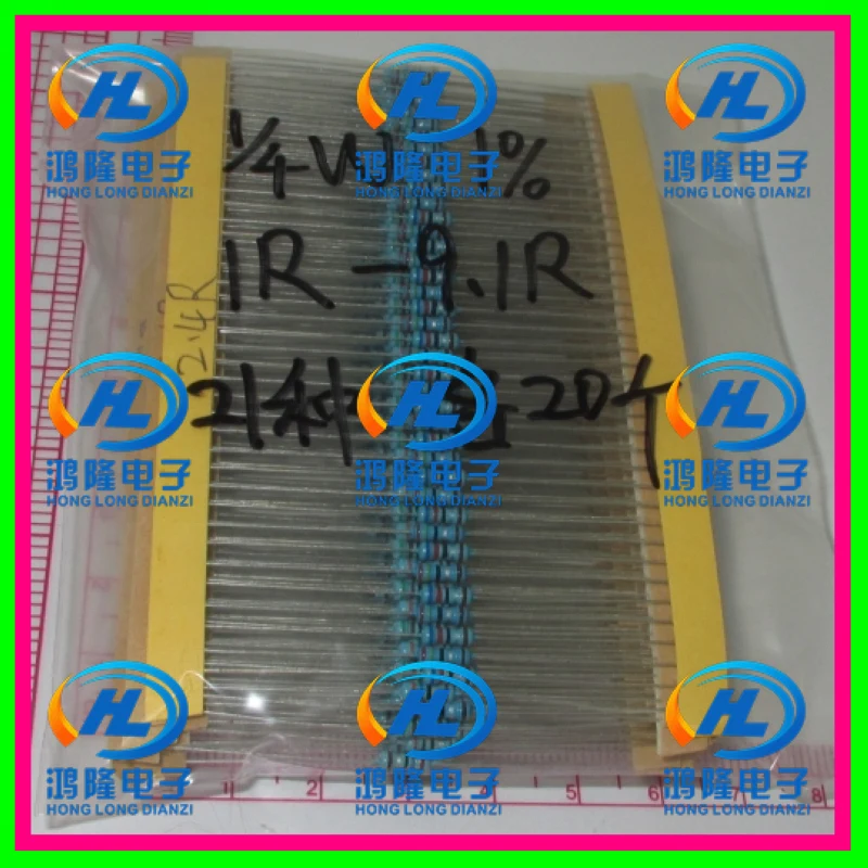 

1/4W 21valuesX20pcs=420pcs Metal Film Resistor Kit 1R~9.1R Resistor Pack 0.25W 1% samples psck Assorted Kit