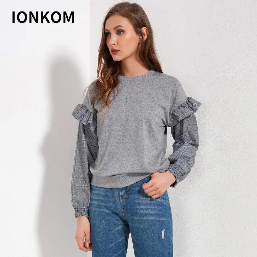 IONKOM элегантная женская контрастная клетчатая плиссированная толстовка с