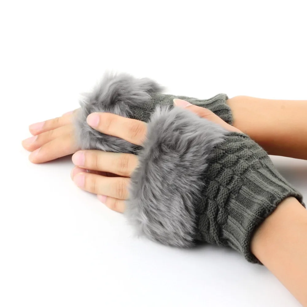 

Women Fingerless Gloves Cute Faux Rabbit Fur Knitted Gloves Female Winter Knitting Warmer Wrist Hand Gloves Mitten