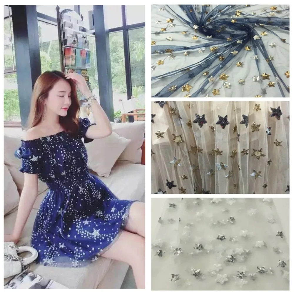 5 ярдов блестящая Звезда блесток вышивка эластичная сетка кружева ткань для