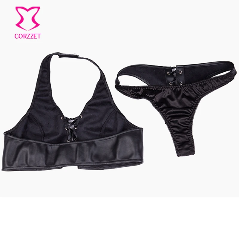 Черный кожаный бюстгальтер с лямкой на шее шнуровке и трусики большие размеры