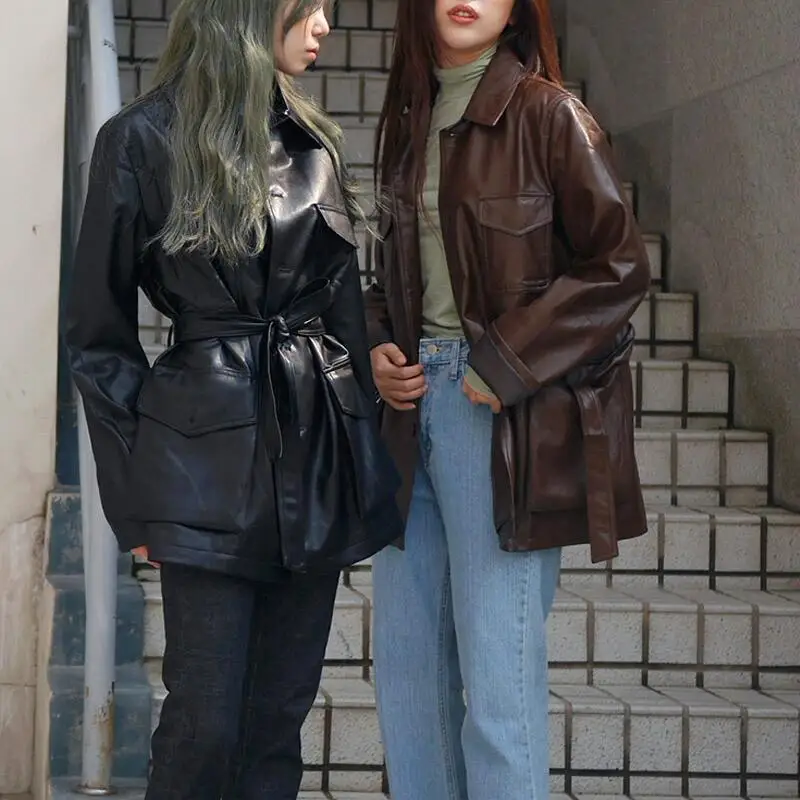 Пальто с карманами и одной пряжкой длинным рукавом приталенный пояс куртка из