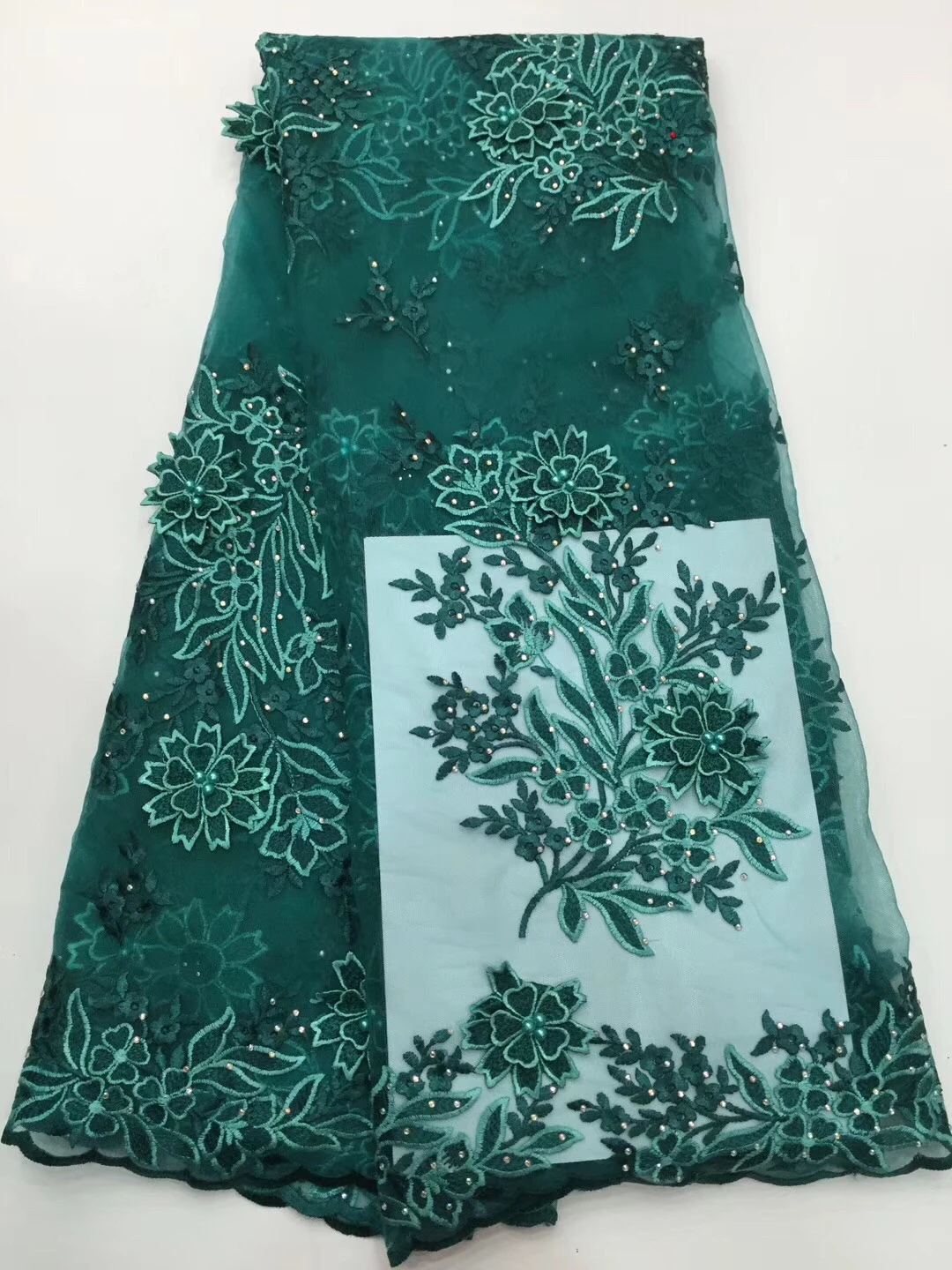 

2019 Green Latest French Nigerian Lace Fabric with beaded stones Tulle African Lace Fabric Wedding African Tulle Lace KCD9150