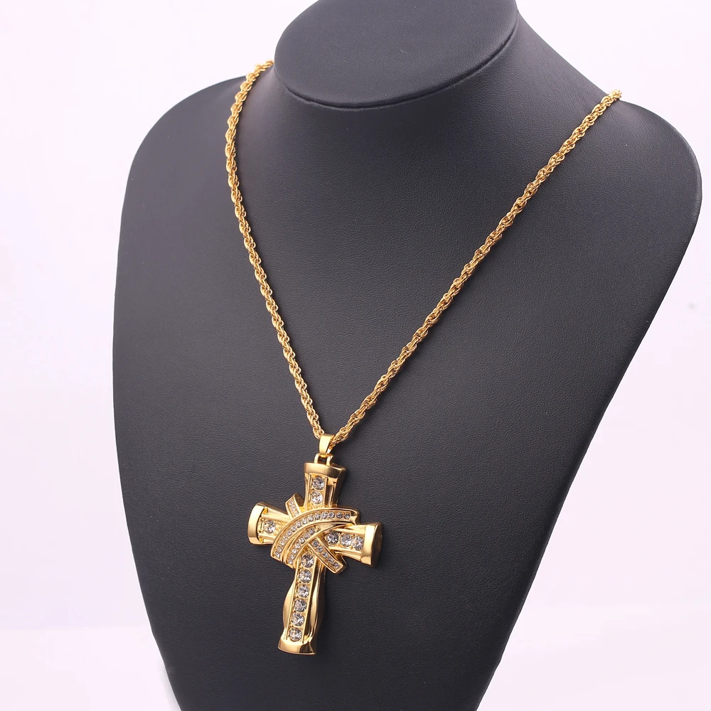 Hip Hop Stainless Steel Cross Pendant Necklace Shellhard Gold Color Crystal Long Chain Men Women Charm Jewelry | Украшения и