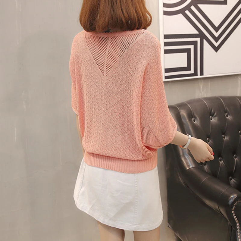 Women Summer Spring Sweater Hollow Out O-neck Transparent Female Jumper Bat Sleeve Ladies Pullover Loose | Женская одежда