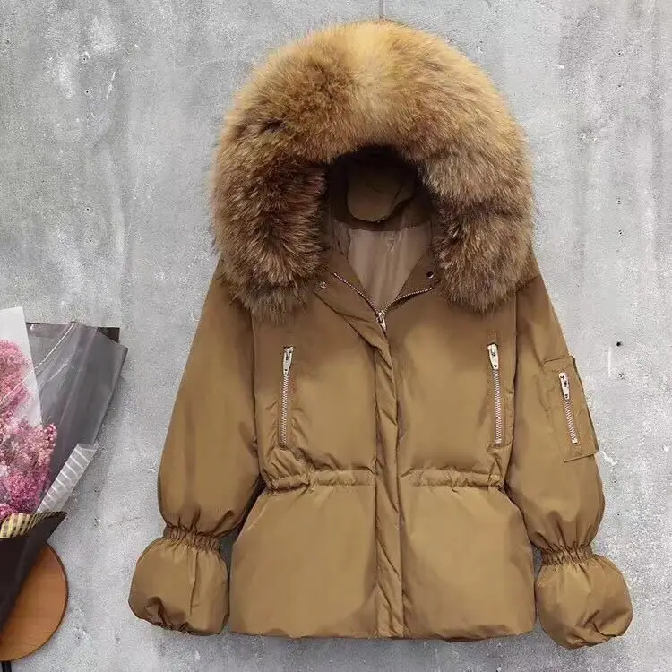 Зимнее модное Брендовое большое пальто с натуральным мехом енота на утином пуху, женский плащ на молнии, стильная теплая пуховая парка с капюшоном, wq707