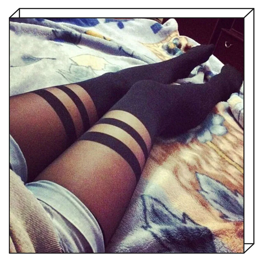 

Women Double Stripe Stockings Mock Suspender Tights Pantyhose Mock Over The Knee Sheer Tight