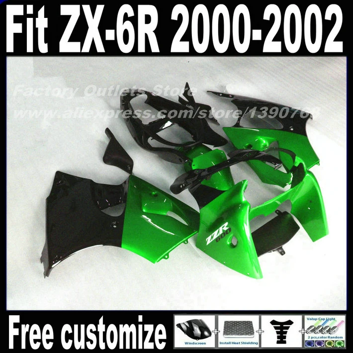 

Customize fairing kit for Kawasaki ZX-6R 2000 2001 2002 bright green black Fairings bodywork set Ninja 636 ZX-6R 00 01 02 MJ32