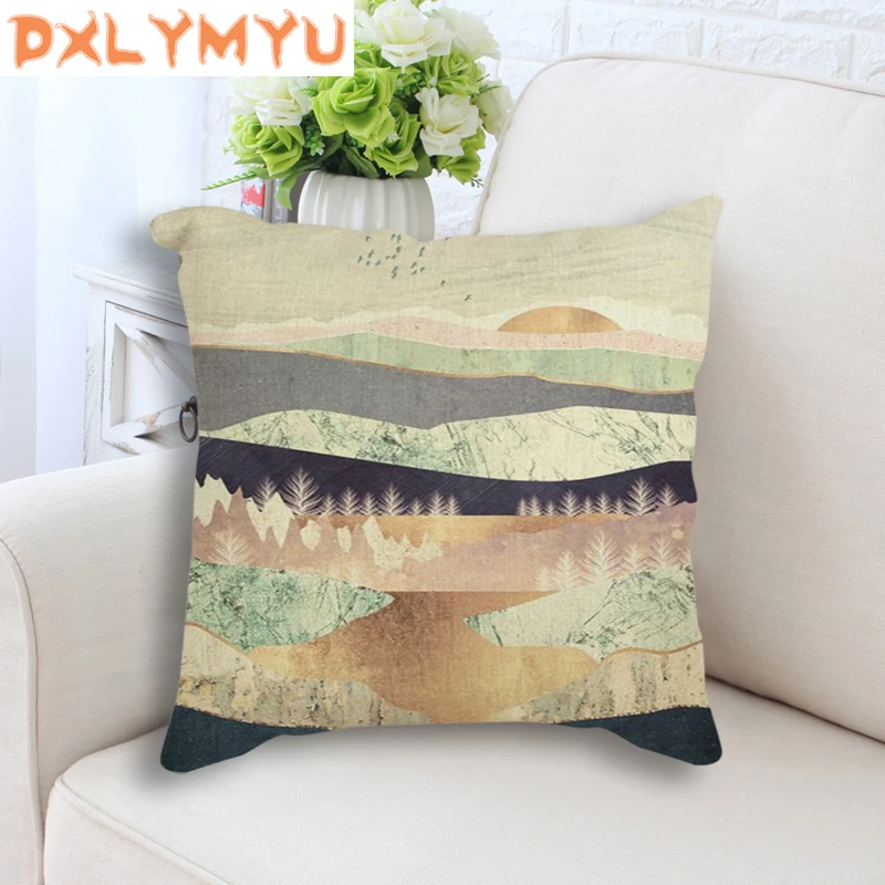 Square Throw Pillow 45x45cm Abstract Landscape Mountain Deer whale Nordic Cushion Back Seat Linen Sofa Home Decor | Дом и сад